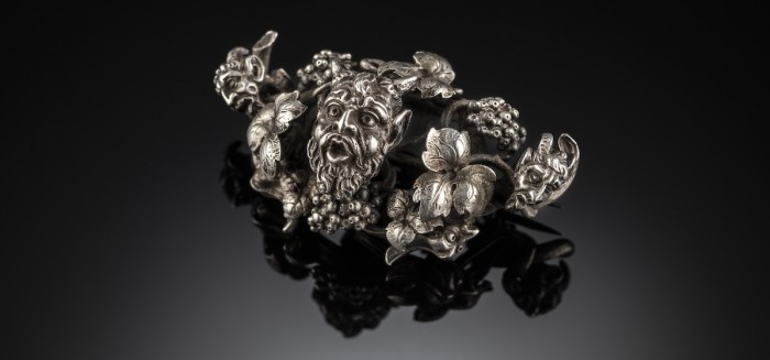 Outstanding victorian silver brooch with bacchus and satyrs amonst the grapes and vines