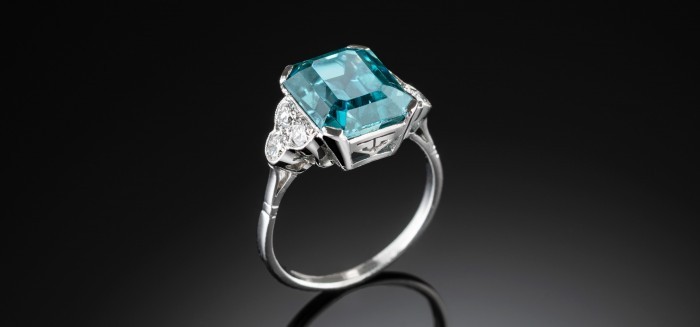 Retro emerald cut vivid blue zircon, diamond and platinum ring