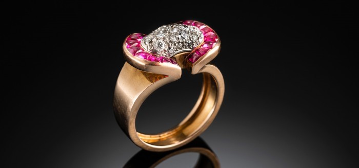 18 carat rose gold and gems retro dress ring