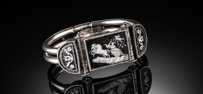 Antique black and white very fine micro mosaic and silver bracelet
