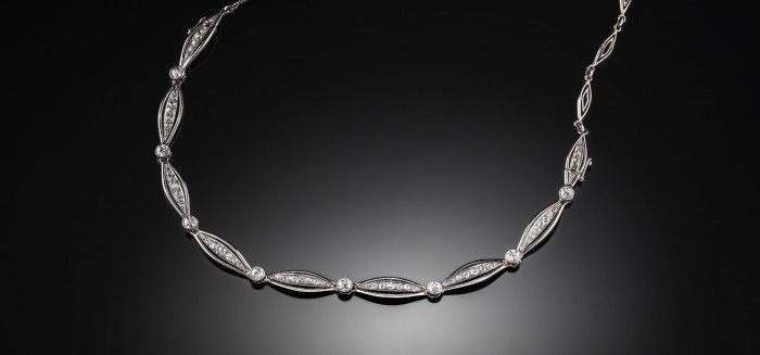 ART DECO PLATINUM AND WHITE GOLD OLD CUT DIAMOND NECKLET TRANSFORMING INTO TWO BRACELETS
