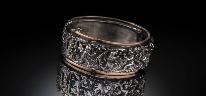 ANTIQUE EUROPEAN SILVER HEAVY WIDE BANGLE WITH VERMEIL BORDER